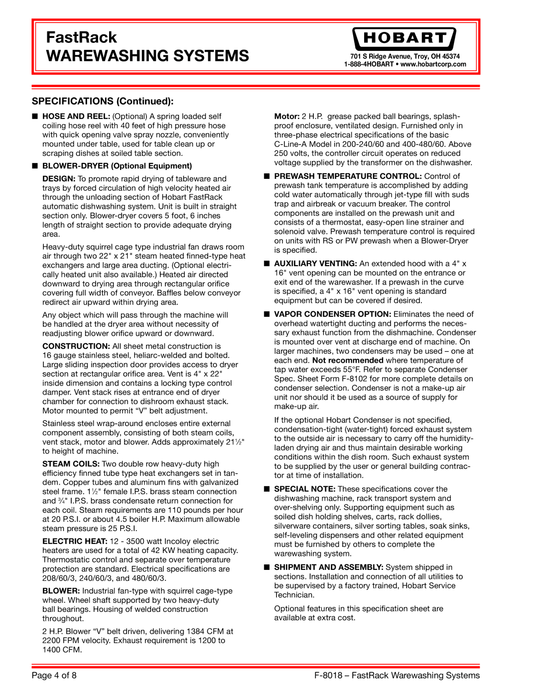 Hobart F-8018 specifications Specifications, BLOWER-DRYER Optional Equipment 