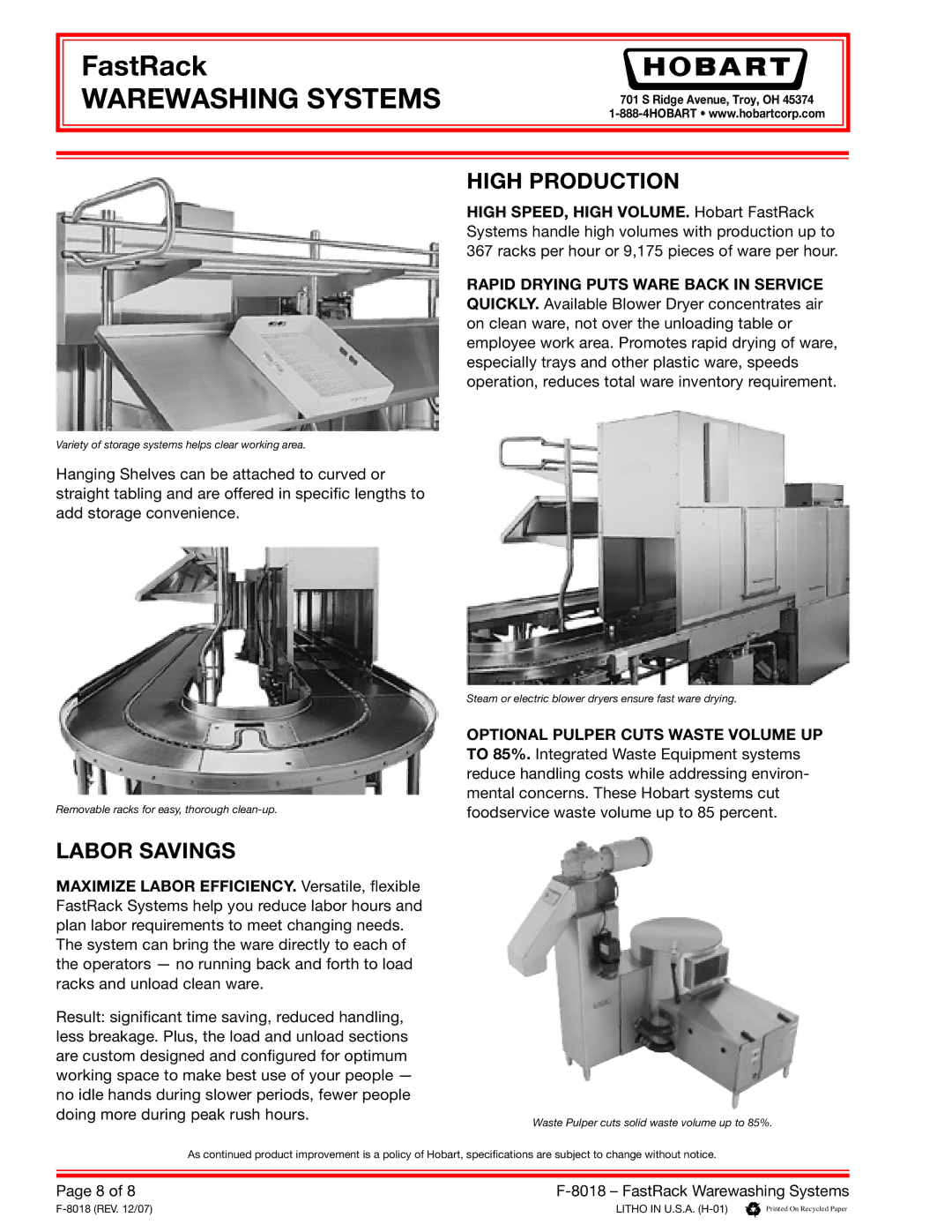 Hobart F-8018 specifications High Production, Labor Savings 