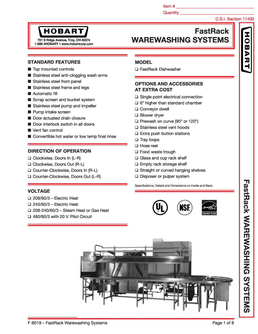 Hobart F-8018 specifications Warewashing Systems, FastRack WAREWASHING SYSTEMS, Standard Features, Model, Voltage 