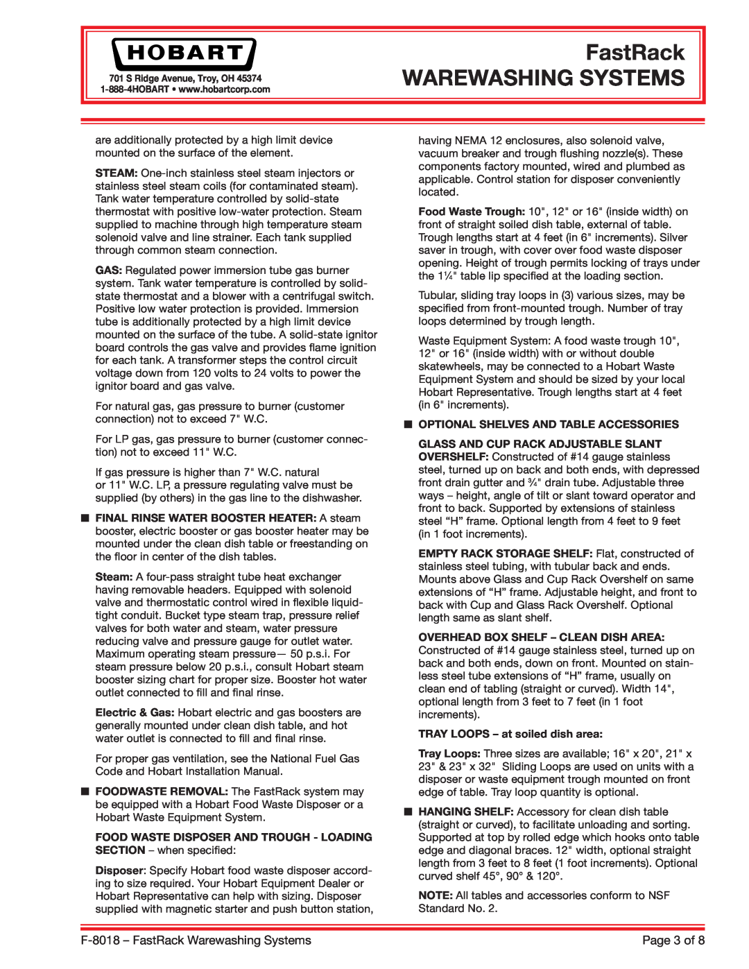 Hobart specifications FastRack WAREWASHING SYSTEMS, F-8018- FastRack Warewashing Systems, Page 3 of 