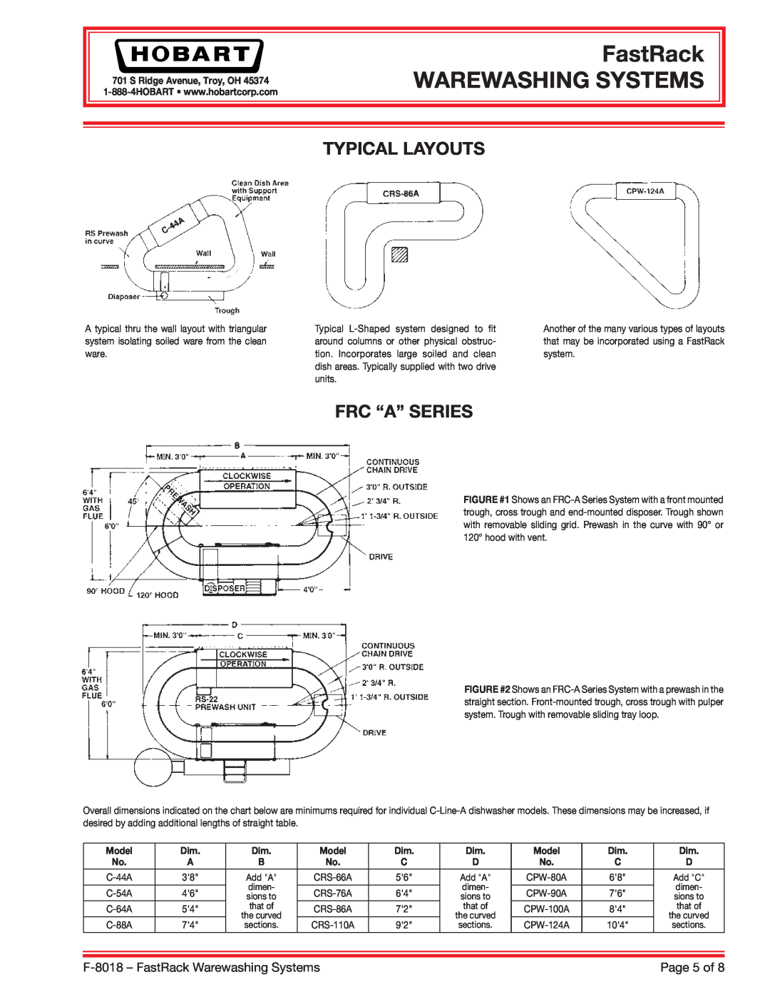 Hobart F-8018 specifications Typical Layouts, Frc “A” Series, FastRack WAREWASHING SYSTEMS, S Ridge Avenue, Troy, OH, Model 