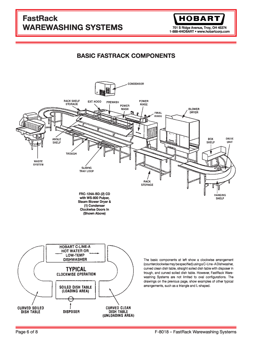 Hobart F-8018 specifications Basic Fastrack Components, FastRack WAREWASHING SYSTEMS, S Ridge Avenue, Troy, OH, Shown Above 