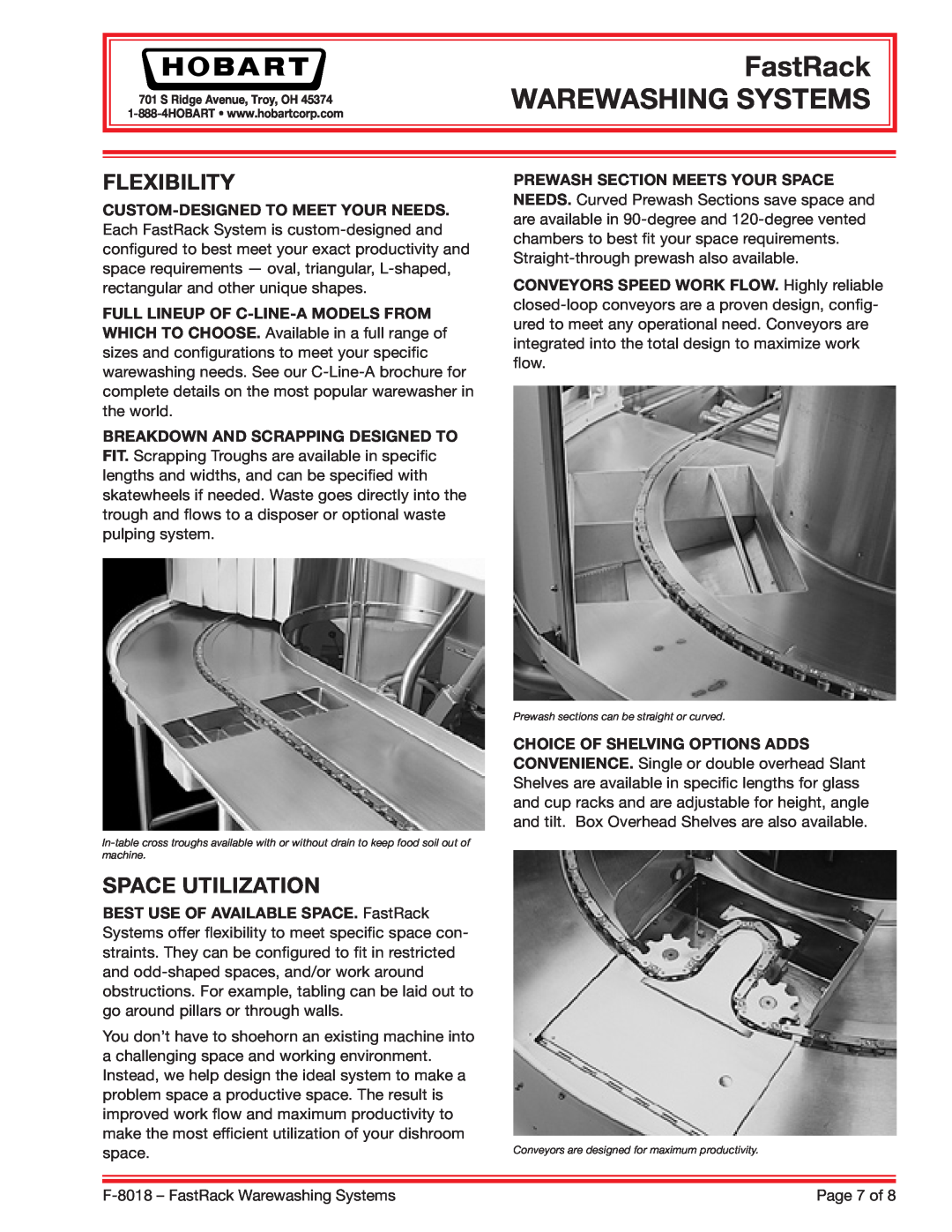 Hobart Flexibility, Space Utilization, FastRack WAREWASHING SYSTEMS, F-8018- FastRack Warewashing Systems, Page 7 of 