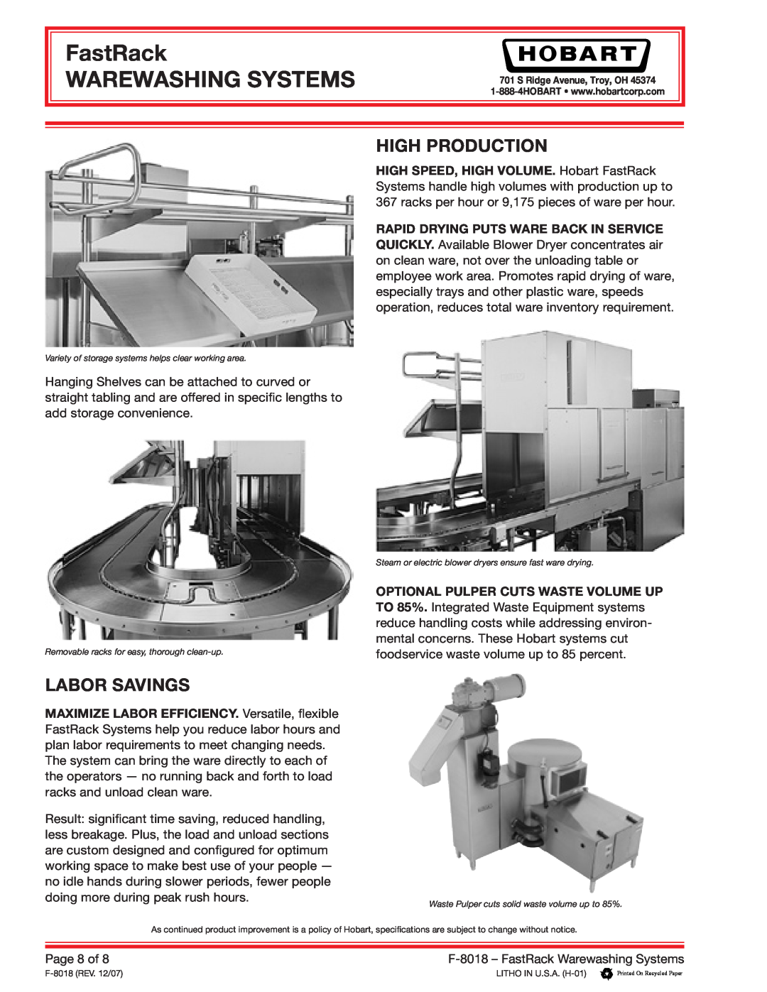 Hobart F-8018 specifications High Production, Labor Savings, FastRack WAREWASHING SYSTEMS 