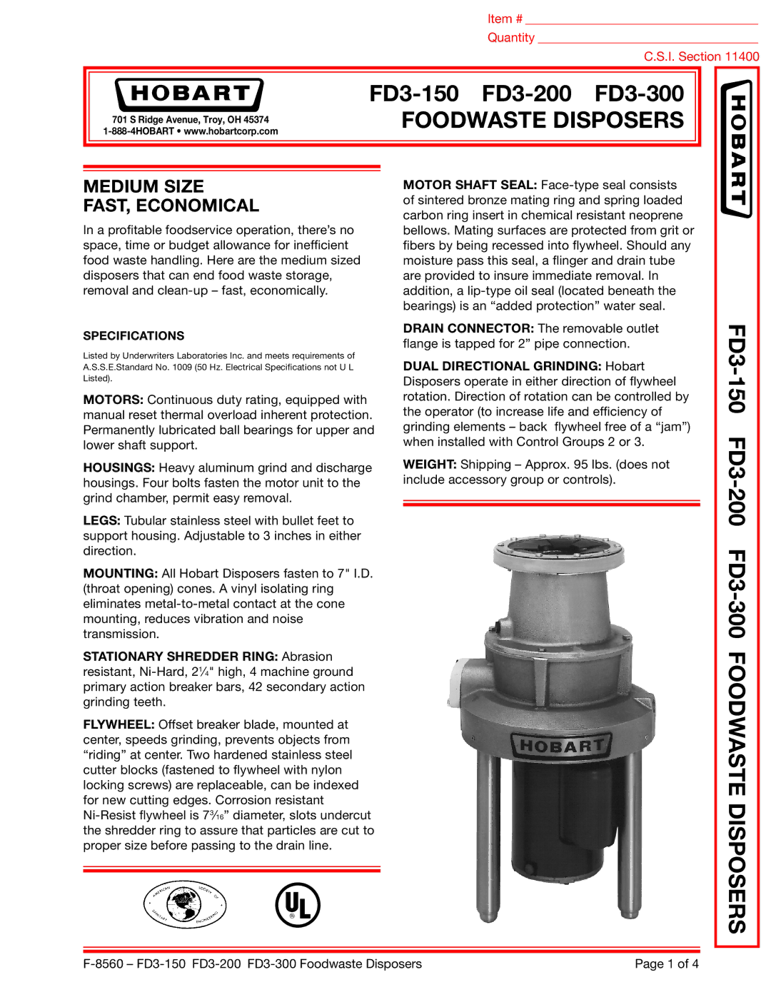 Hobart FD3-150, FD3-200, FD3-300 specifications Foodwaste Disposers, Specifications 