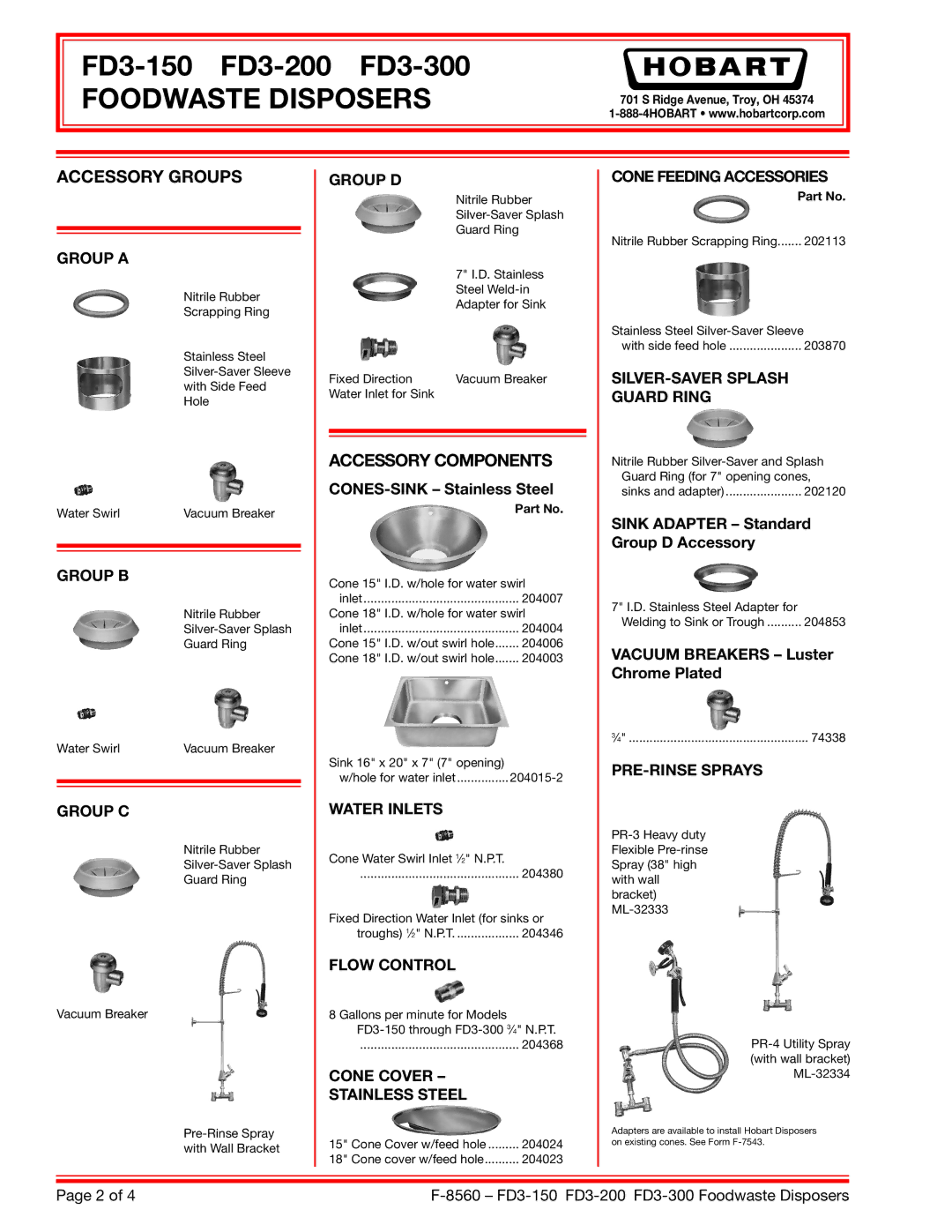 Hobart FD3-300, FD3-200, FD3-150 specifications Accessory Groups, Accessory Components 