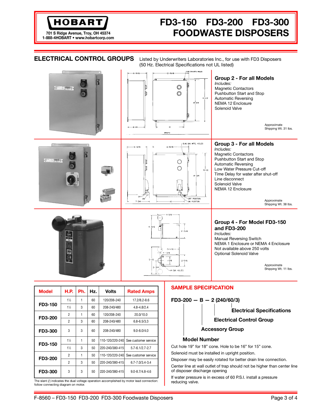 Hobart FD3-300 specifications Group 2 For all Models, Group 3 For all Models, Group 4 For Model FD3-150 FD3-200 