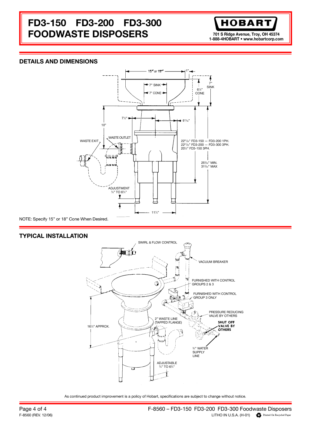 Hobart FD3-150, FD3-200, FD3-300 specifications Details and Dimensions, Typical Installation 