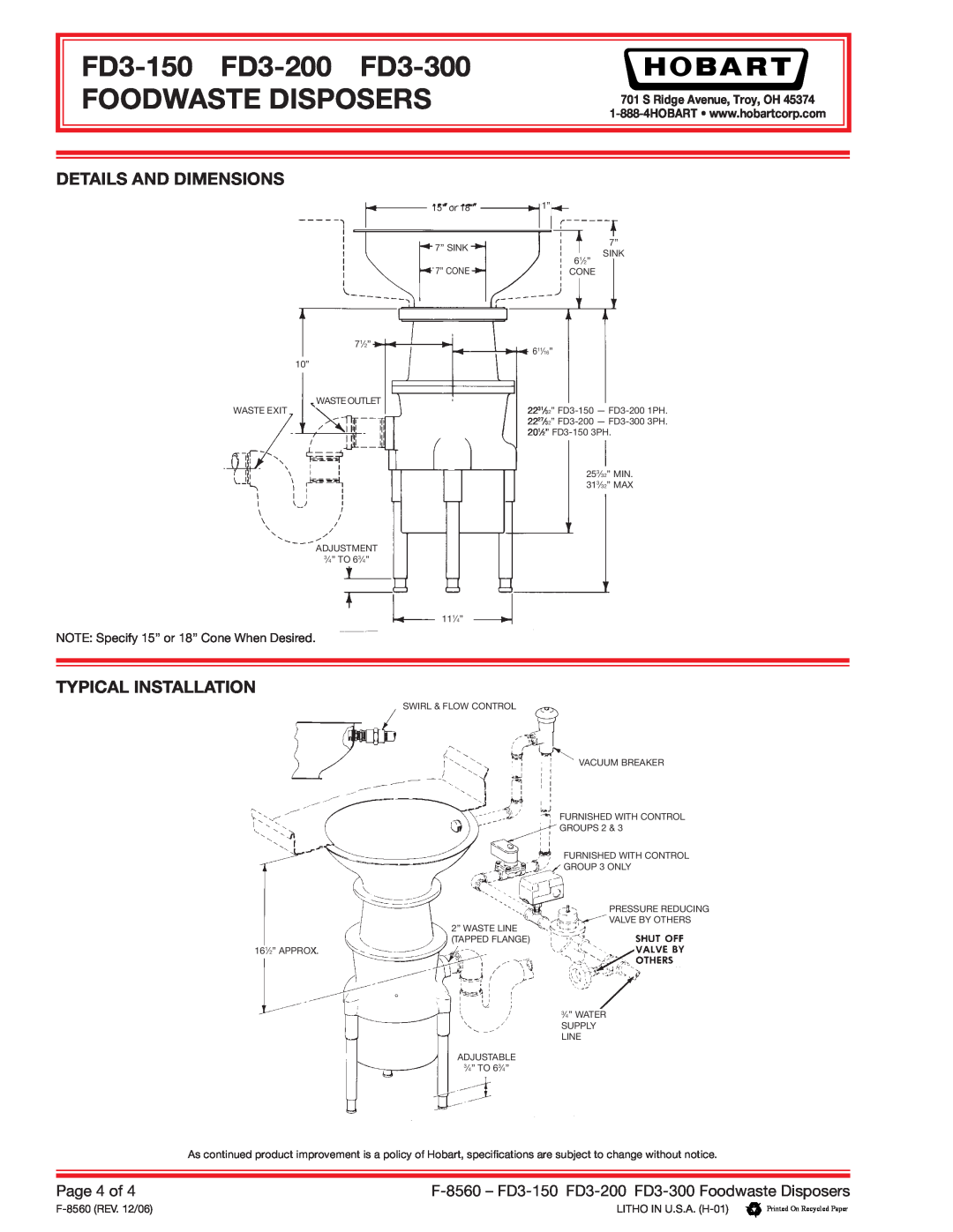 Hobart Details And Dimensions, Typical Installation, FD3-150 FD3-200 FD3-300 FOODWASTE DISPOSERS, F-8560REV. 12/06 