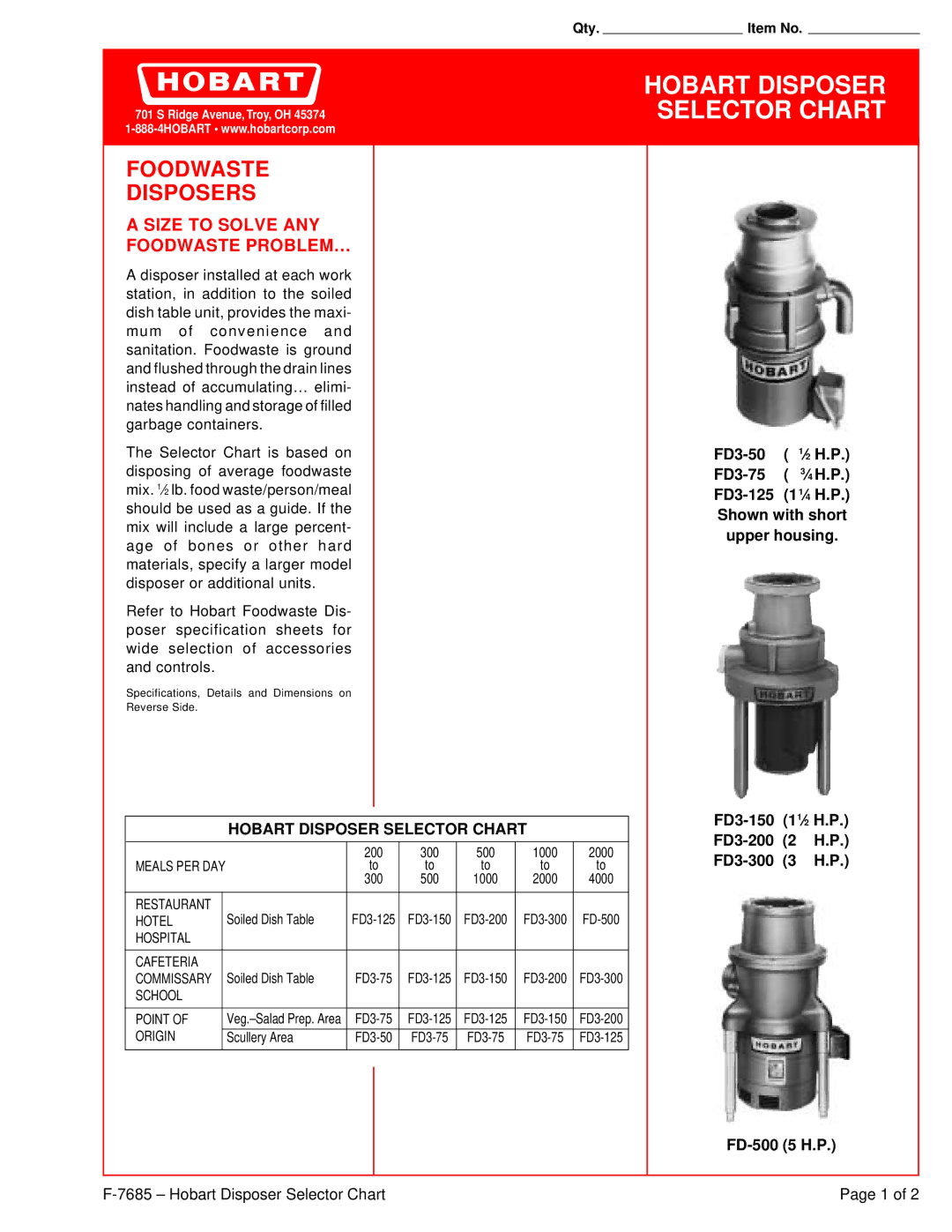 Hobart FD3-50 specifications Hobart Disposer Selector Chart, Foodwaste Disposers, Size to Solve ANY Foodwaste PROBLEM… 