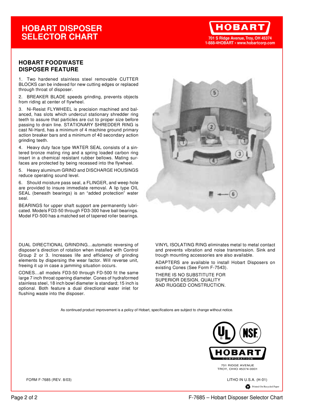 Hobart FD3-125, FD3-75, FD3-500 specifications Hobart Foodwaste Disposer Feature 