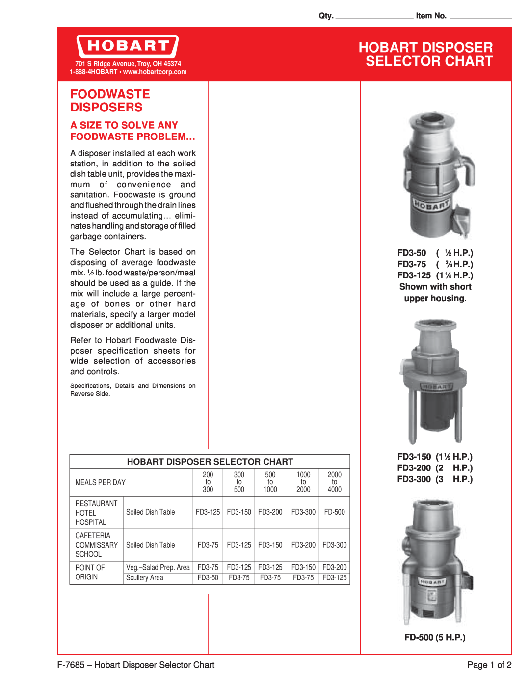 Hobart FD3-50 specifications Hobart Disposer Selector Chart, Foodwaste Disposers, A Size To Solve Any Foodwaste Problem… 