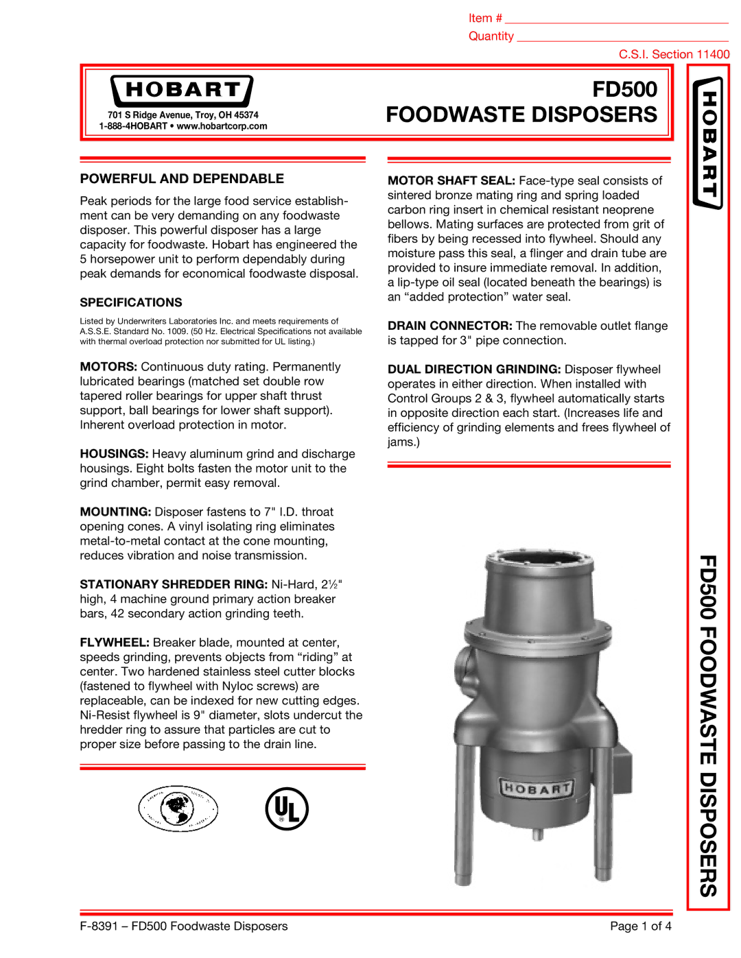 Hobart FD500 specifications Powerful and Dependable, Specifications 