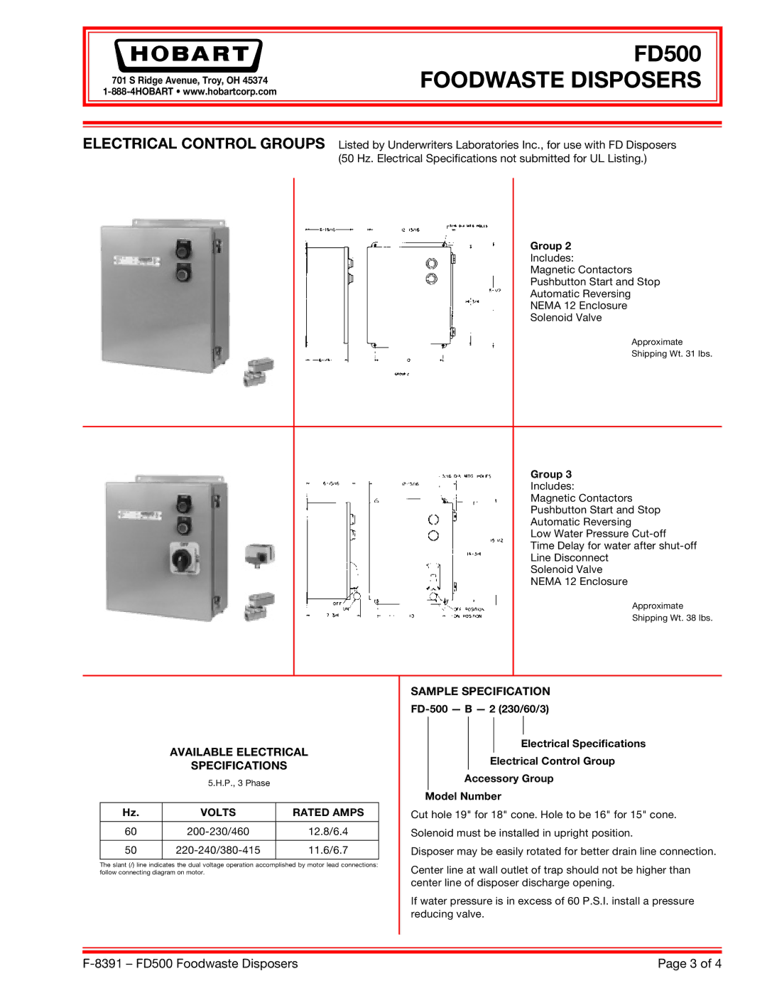 Hobart FD500 specifications Group, Volts Rated Amps 