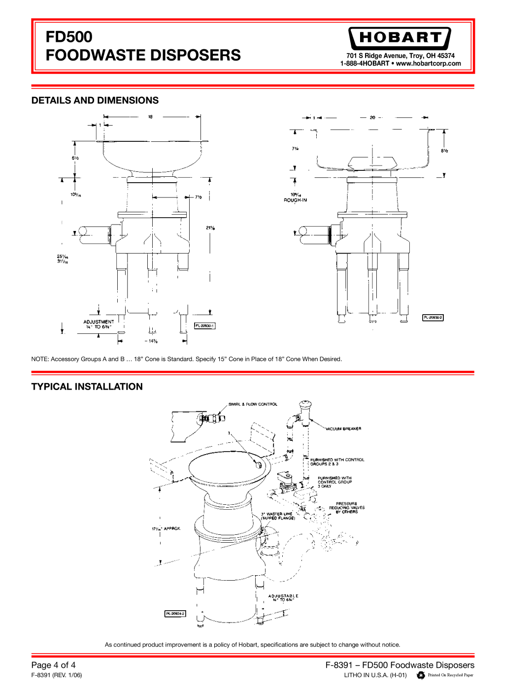 Hobart FD500 specifications Details and Dimensions Typical Installation 