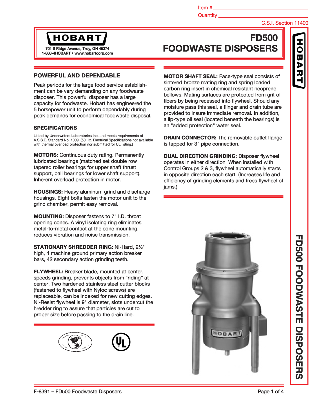 Hobart specifications Foodwaste Disposers, FD500 FOODWASTE, Powerful And Dependable, Item #, Quantity, C.S.I. Section 
