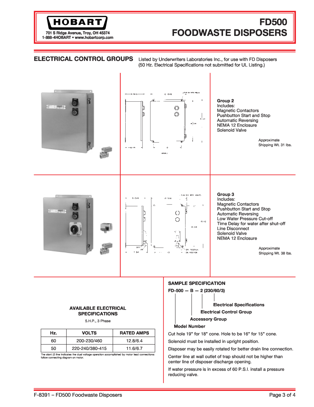Hobart FD500 FOODWASTE DISPOSERS, F-8391- FD500 Foodwaste Disposers, Page 3 of, Available Electrical Specifications 