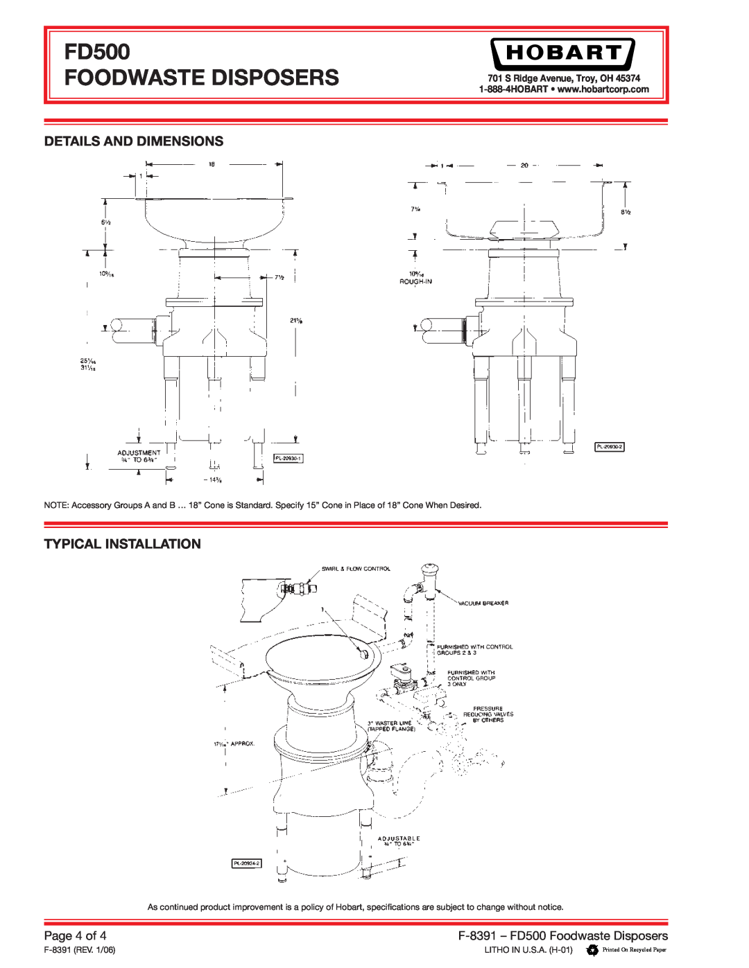 Hobart specifications Details And Dimensions, Typical Installation, FD500 FOODWASTE DISPOSERS, Page 4 of 