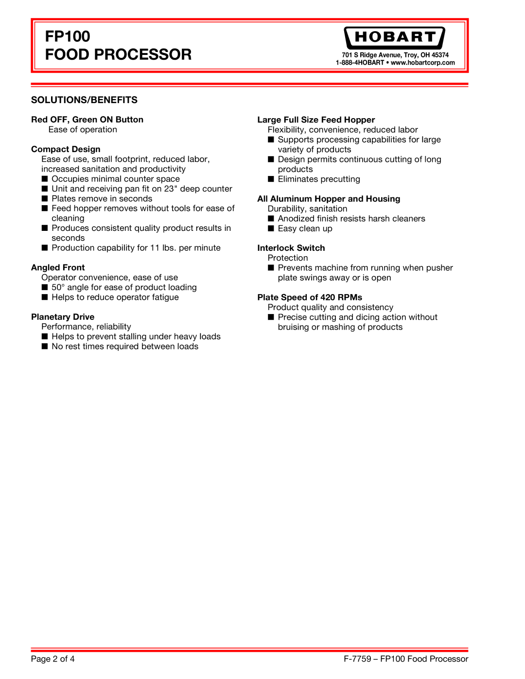 Hobart FP100 dimensions Solutions/Benefits 