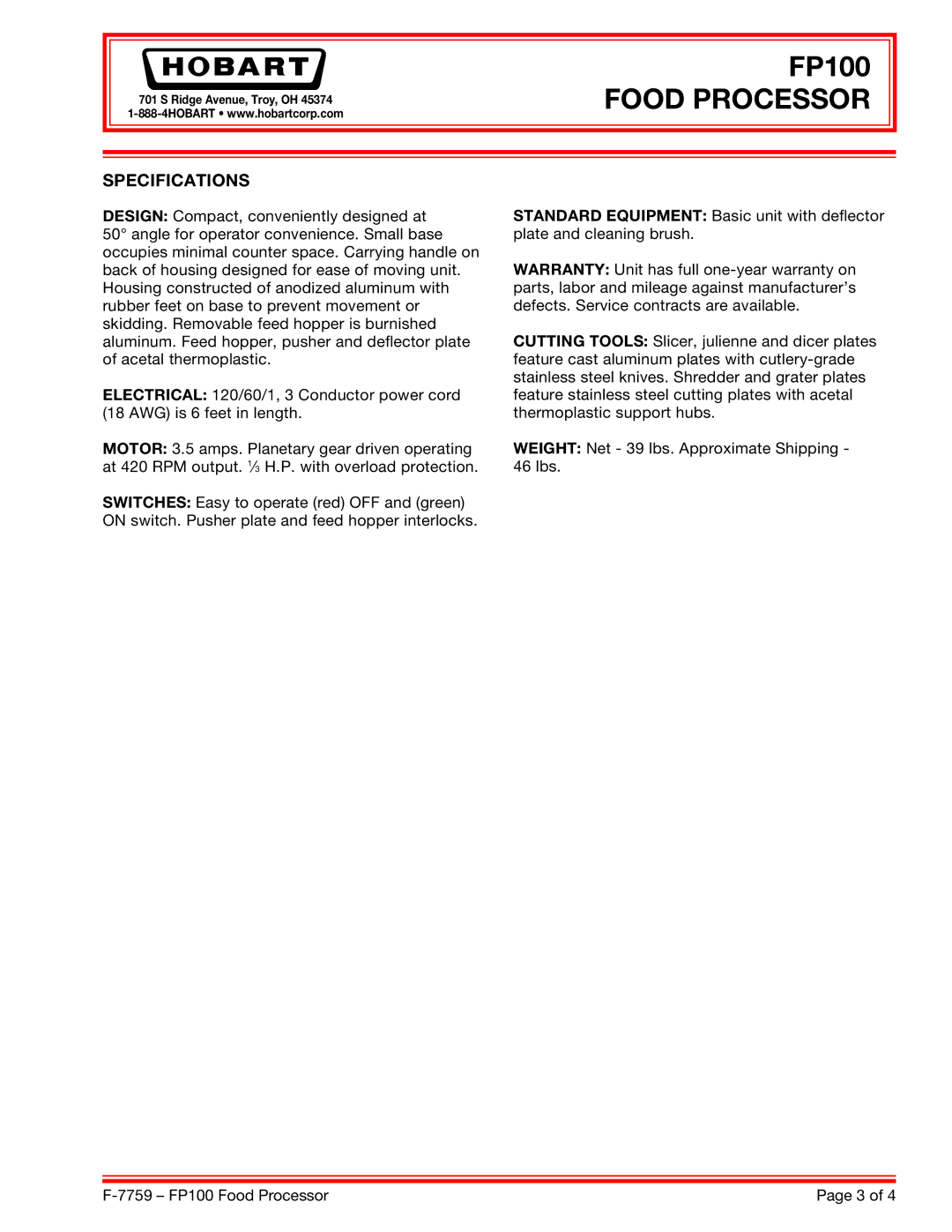 Hobart FP100 dimensions Specifications 