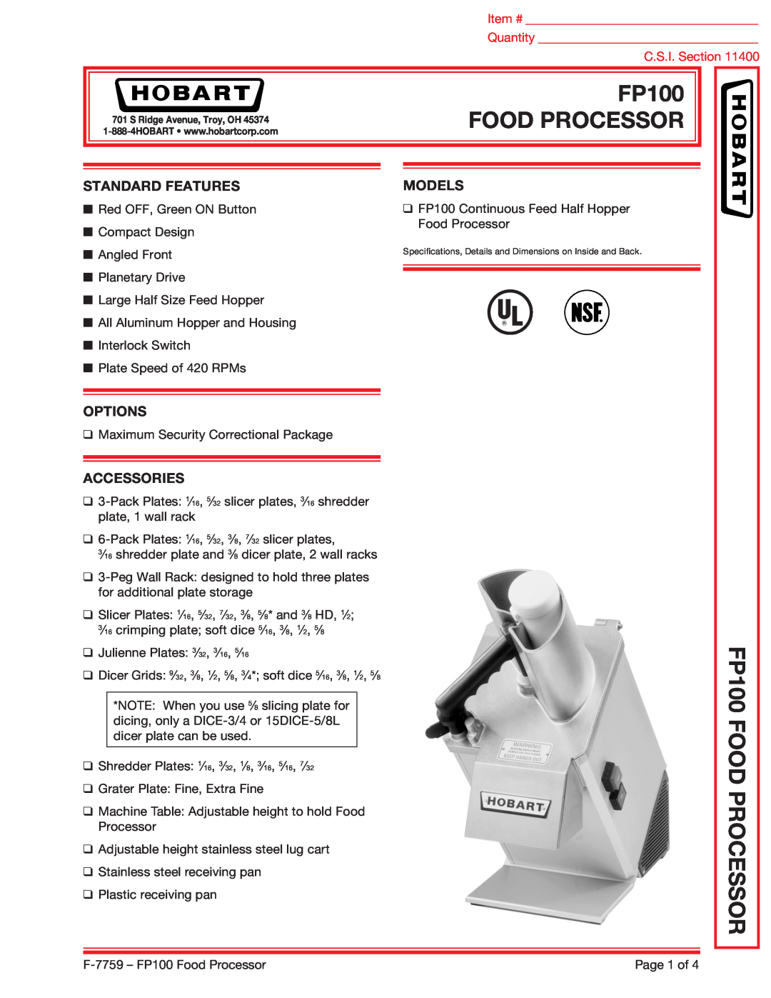 Hobart dimensions Food Processor, FP100 FOOD PROCESSOR, Standard Features, Models, Options, Accessories, C.S.I. Section 