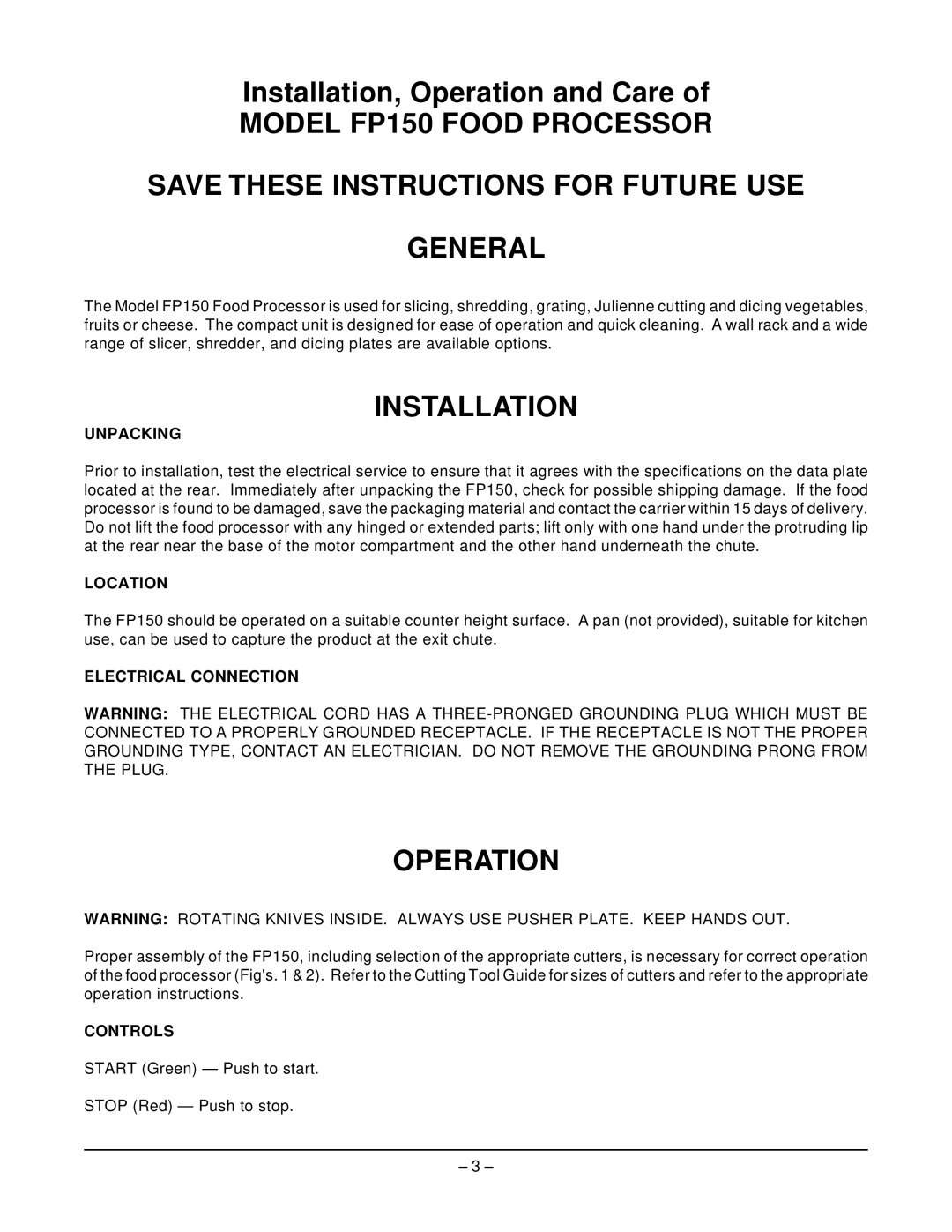 Hobart FP150 manual Installation, Operation 