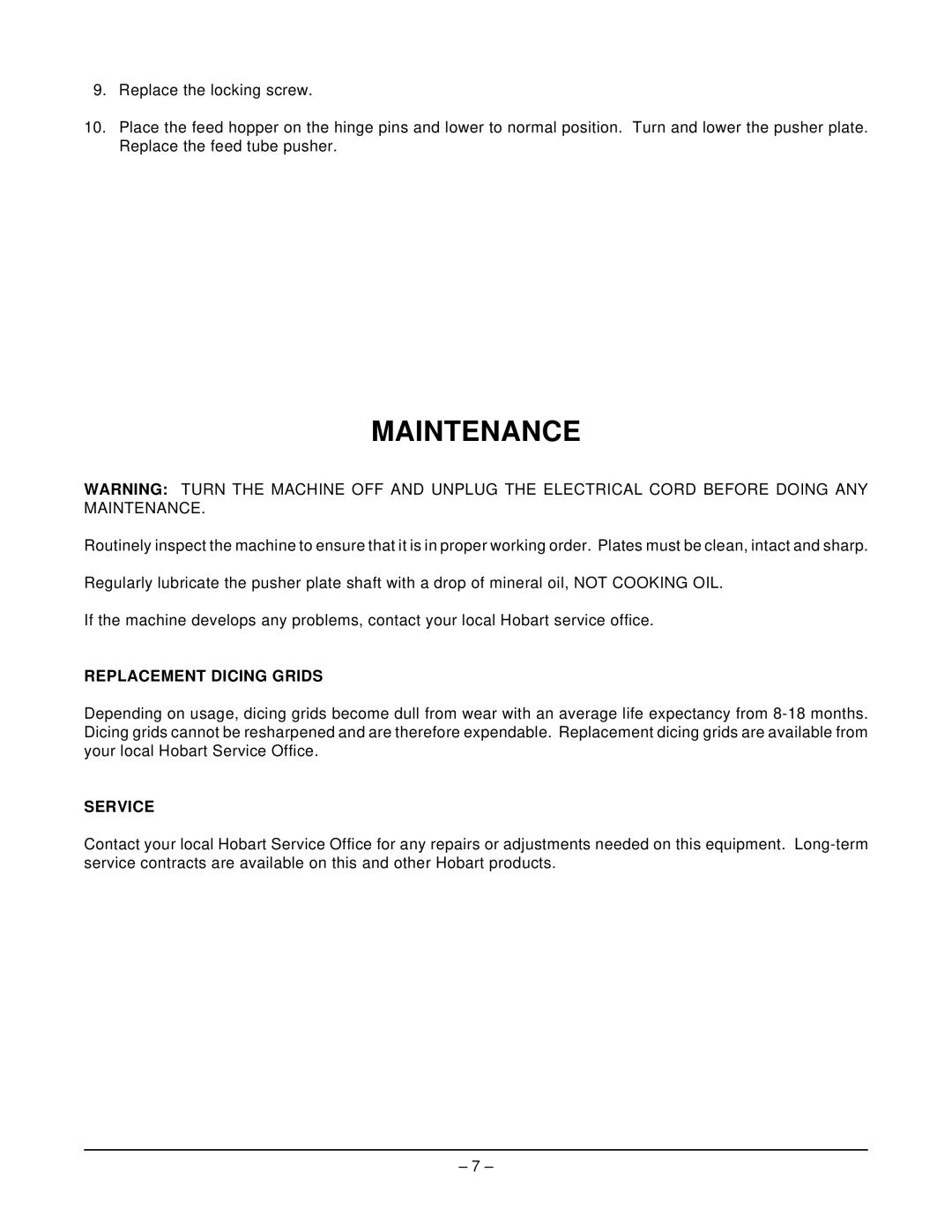 Hobart FP150 manual Maintenance, Replacement Dicing Grids, Service 