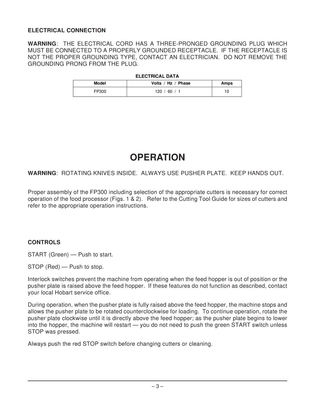 Hobart FP300 manual Operation, Electrical Connection, Controls 