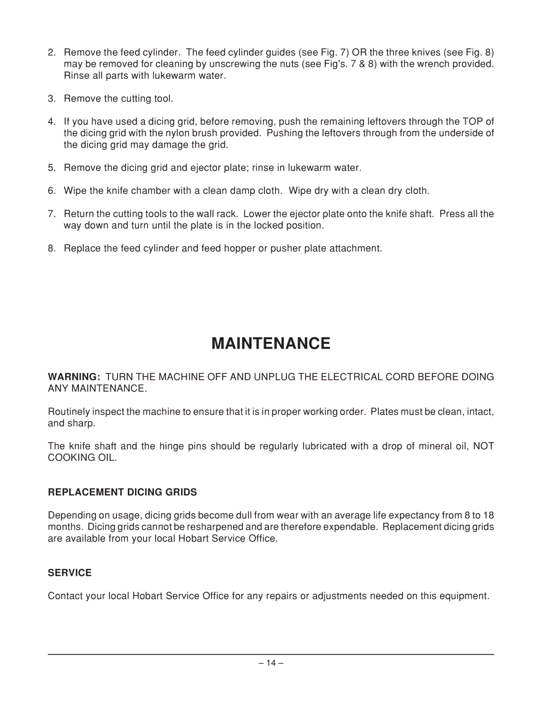 Hobart FP400 manual Maintenance, Replacement Dicing Grids, Service 