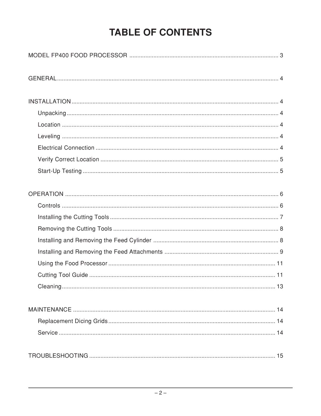 Hobart FP400 manual Table of Contents 