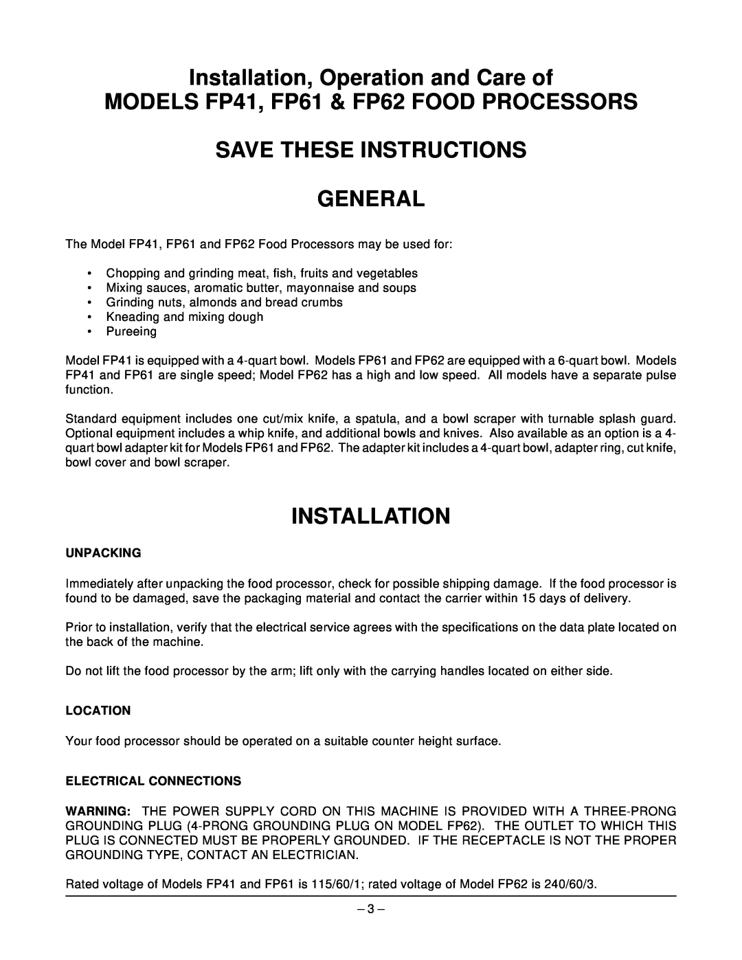 Hobart Installation, Operation and Care of, MODELS FP41, FP61 & FP62 FOOD PROCESSORS, Save These Instructions General 