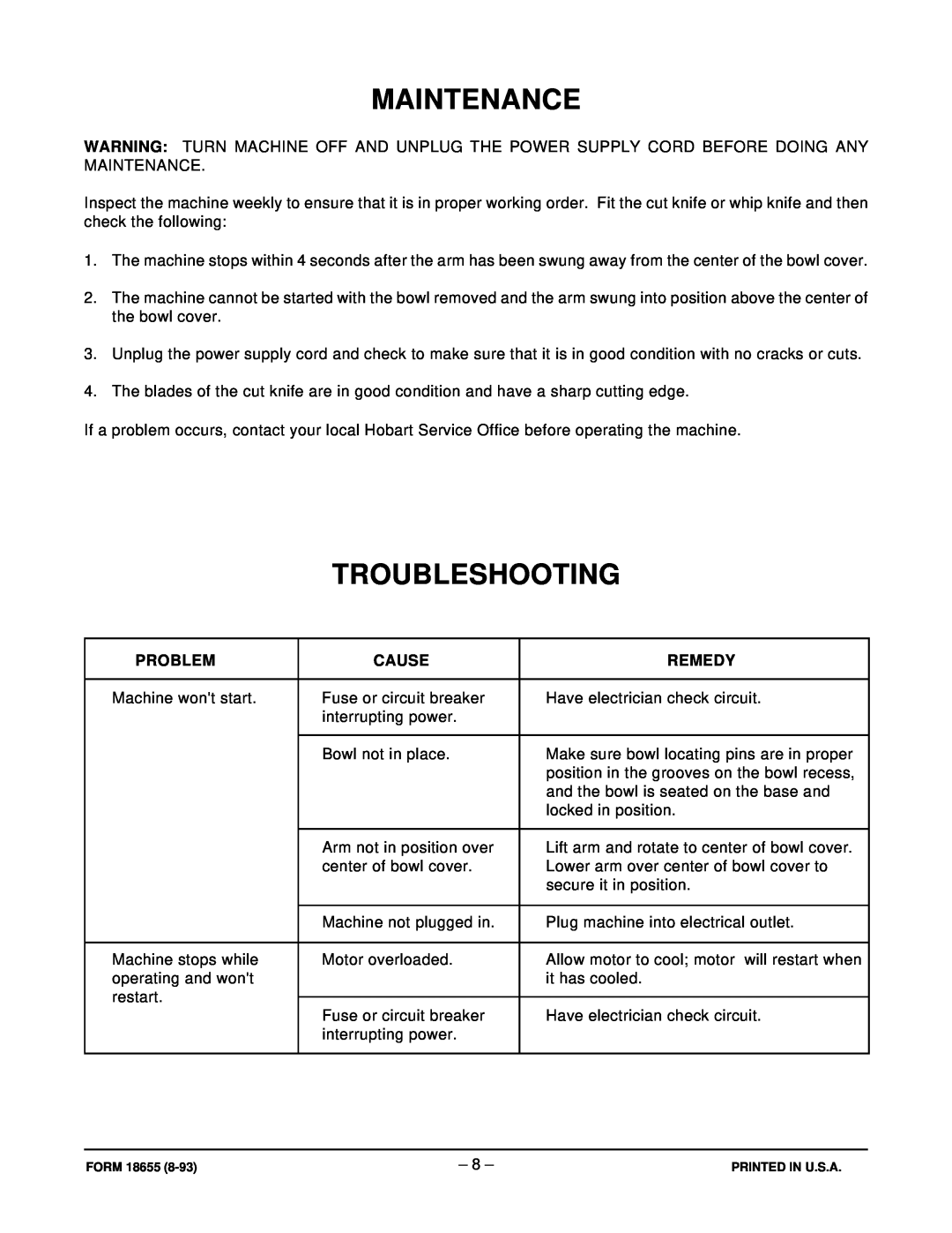 Hobart FP41 manual Maintenance, Troubleshooting, Problem, Cause, Remedy 