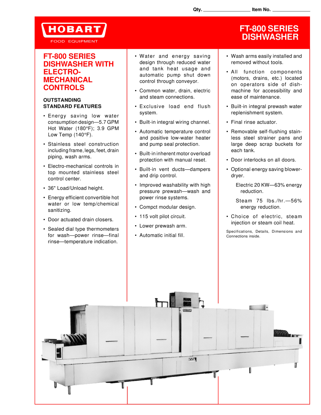 Hobart specifications FT-800 Series Dishwasher with ELECTRO- Mechanical Controls 