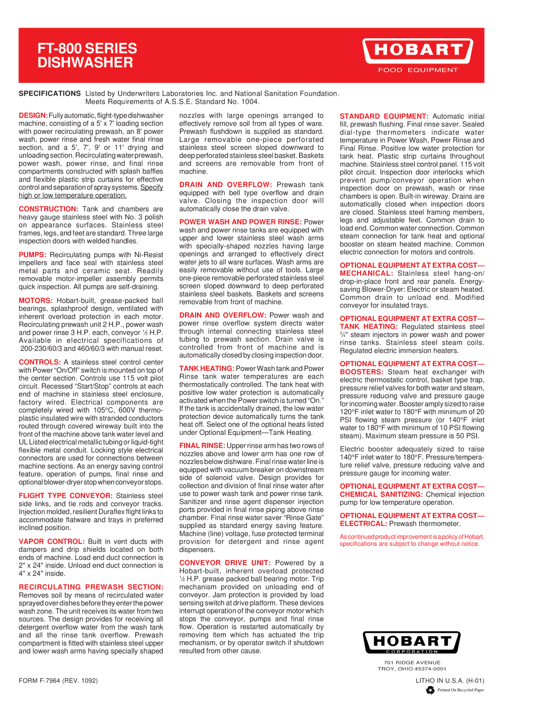 Hobart FT-800 specifications Form F-7964 REV Litho in U.S.A. H-01 