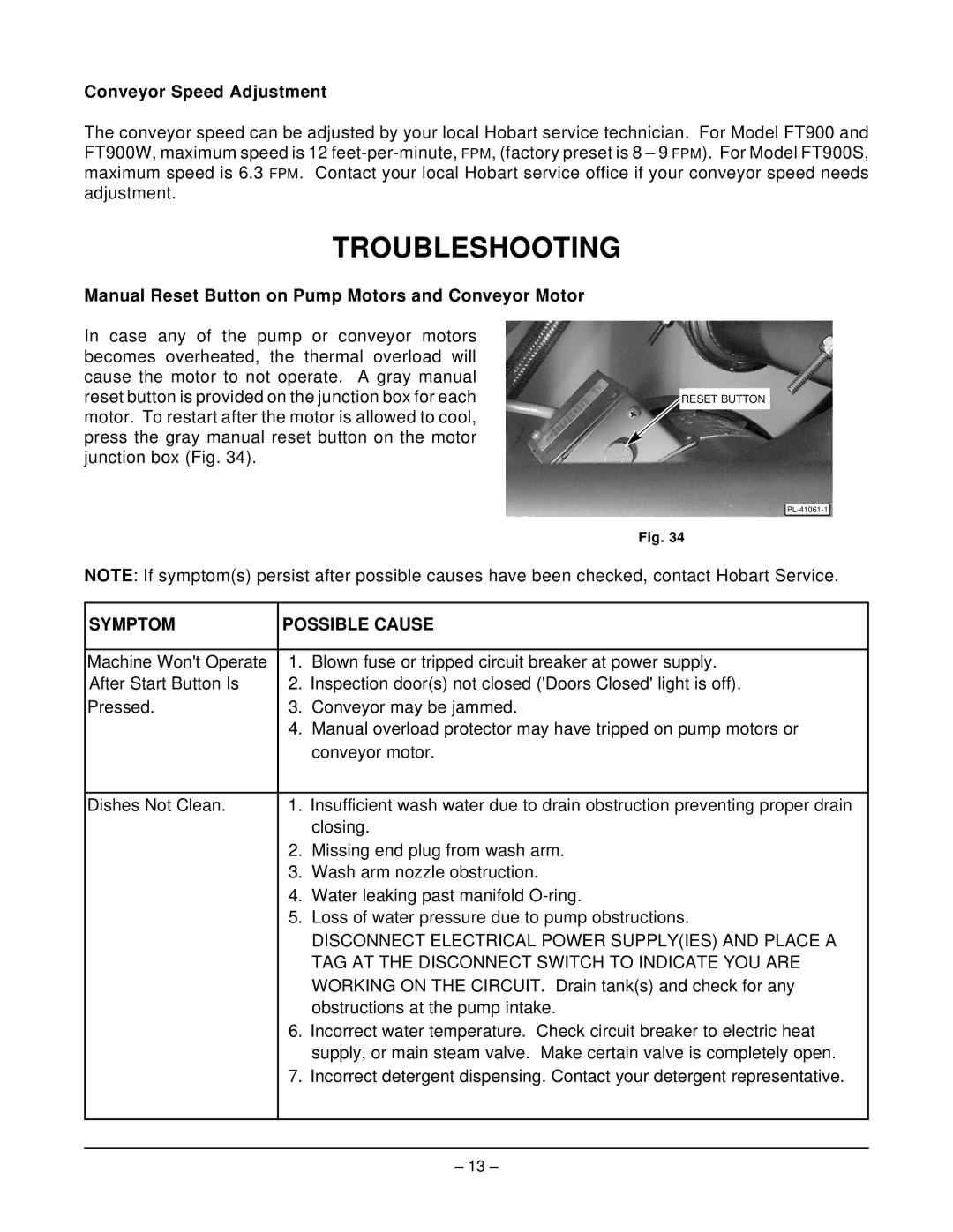 Hobart FT900 SERIES manual Conveyor Speed Adjustment, Manual Reset Button on Pump Motors and Conveyor Motor 