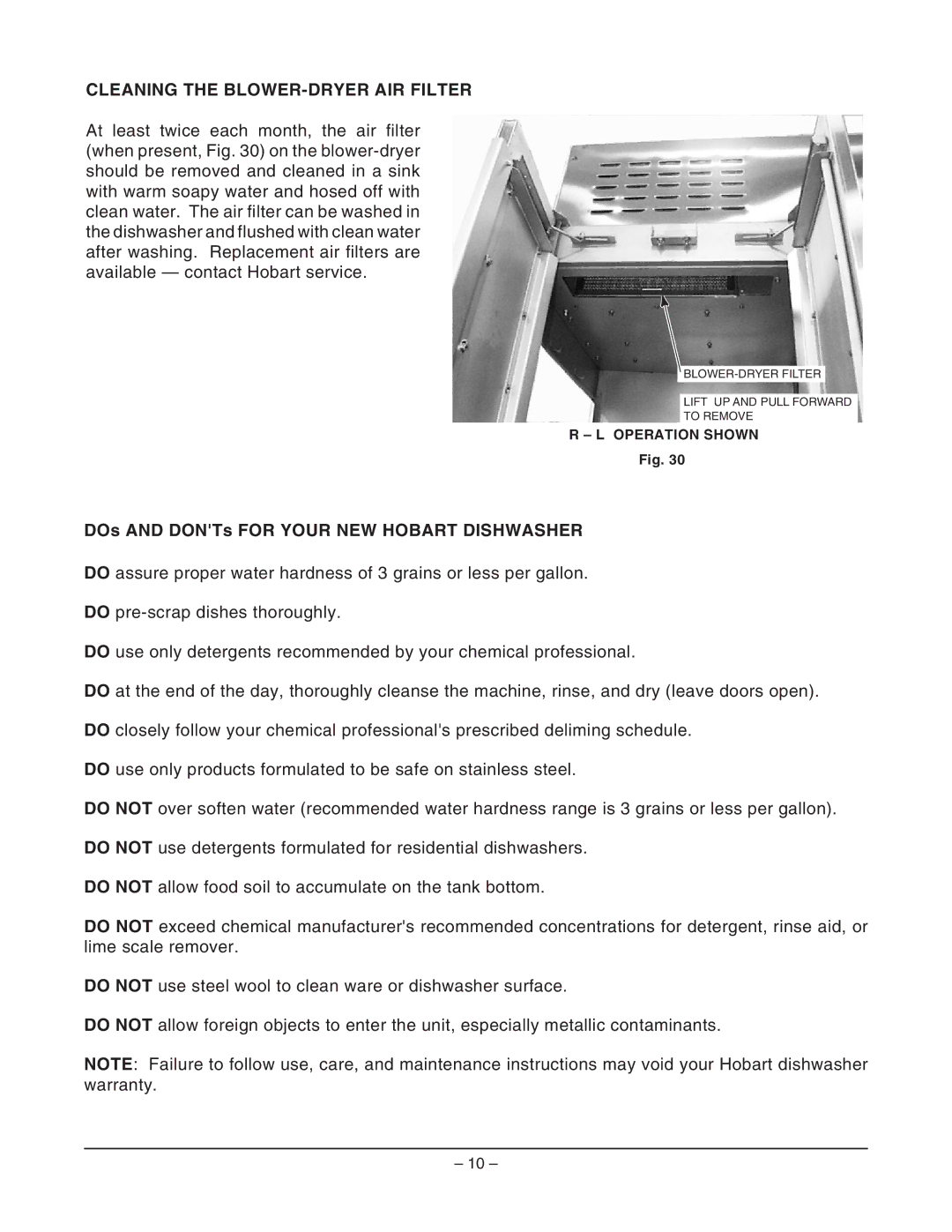 Hobart FT900SDBD, FT900SBD, FT900DBD Cleaning the BLOWER-DRYER AIR Filter, DOs and DONTs for Your NEW Hobart Dishwasher 