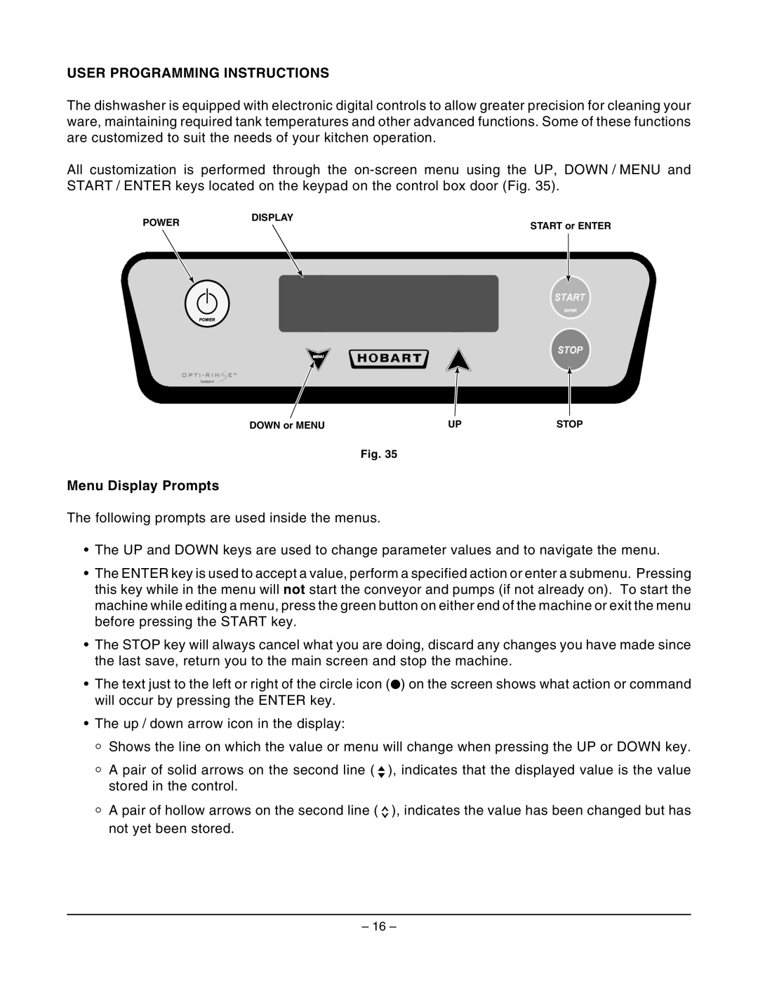 Hobart FT900SDBD, FT900SBD, FT900DBD, FT900BD manual User Programming Instructions, Menu Display Prompts 