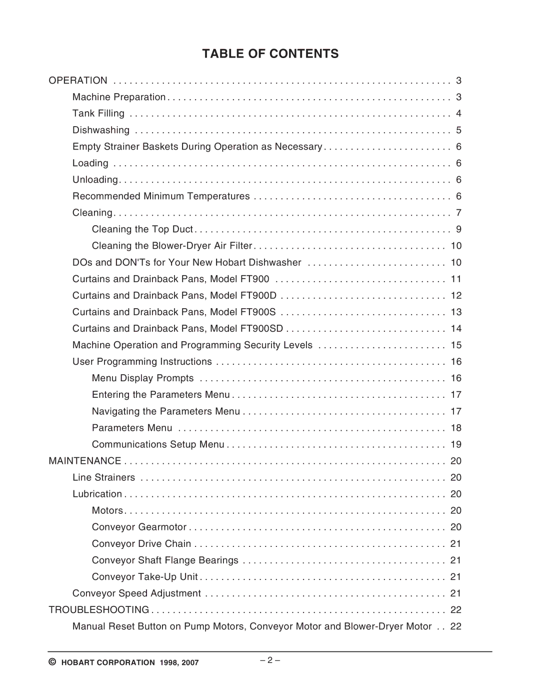 Hobart FT900SDBD, FT900SBD, FT900DBD, FT900BD manual Table of Contents 