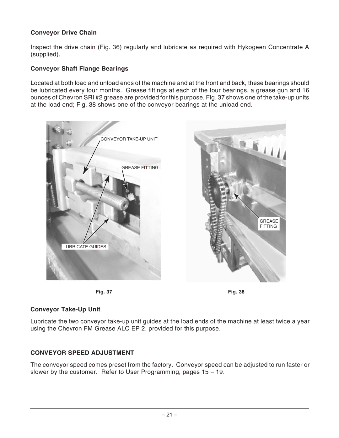 Hobart FT900S manual Conveyor Drive Chain, Conveyor Shaft Flange Bearings, Conveyor Take-Up Unit, Conveyor Speed Adjustment 