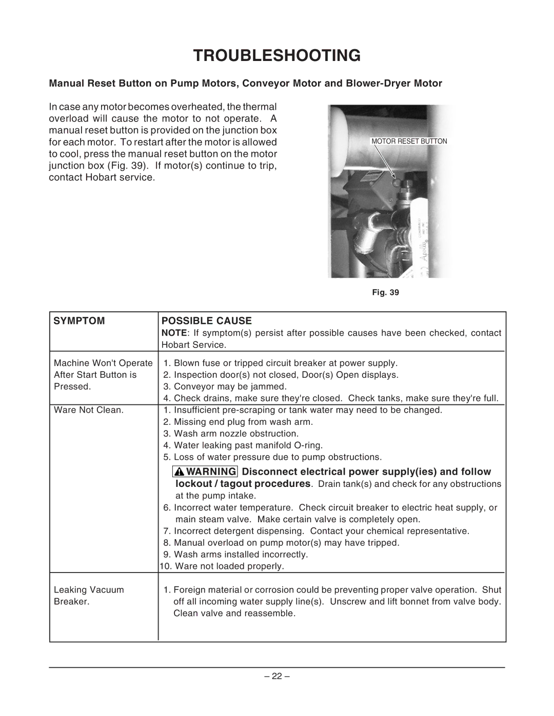 Hobart FT900BD, FT900SDBD, FT900SBD, FT900DBD manual Symptom Possible Cause, Disconnect electrical power supplyies and follow 