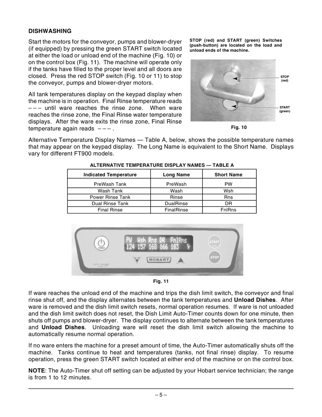 Hobart FT900SDBD, FT900SBD, FT900DBD, FT900BD manual Dishwashing, Alternative Temperature Display Names Table a 