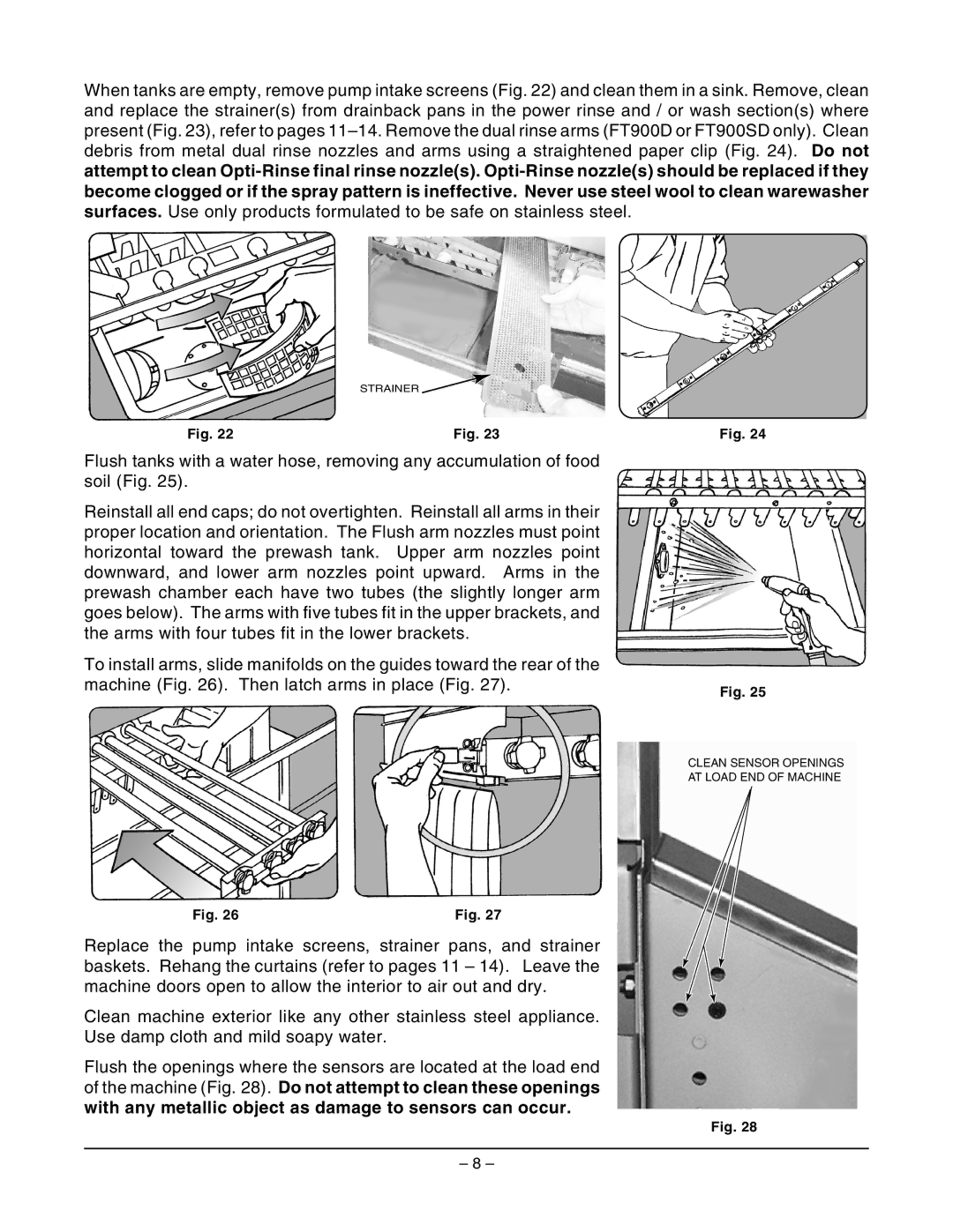 Hobart FT900SDBD, FT900SBD, FT900DBD, FT900BD manual Clean Sensor Openings AT Load END of Machine 