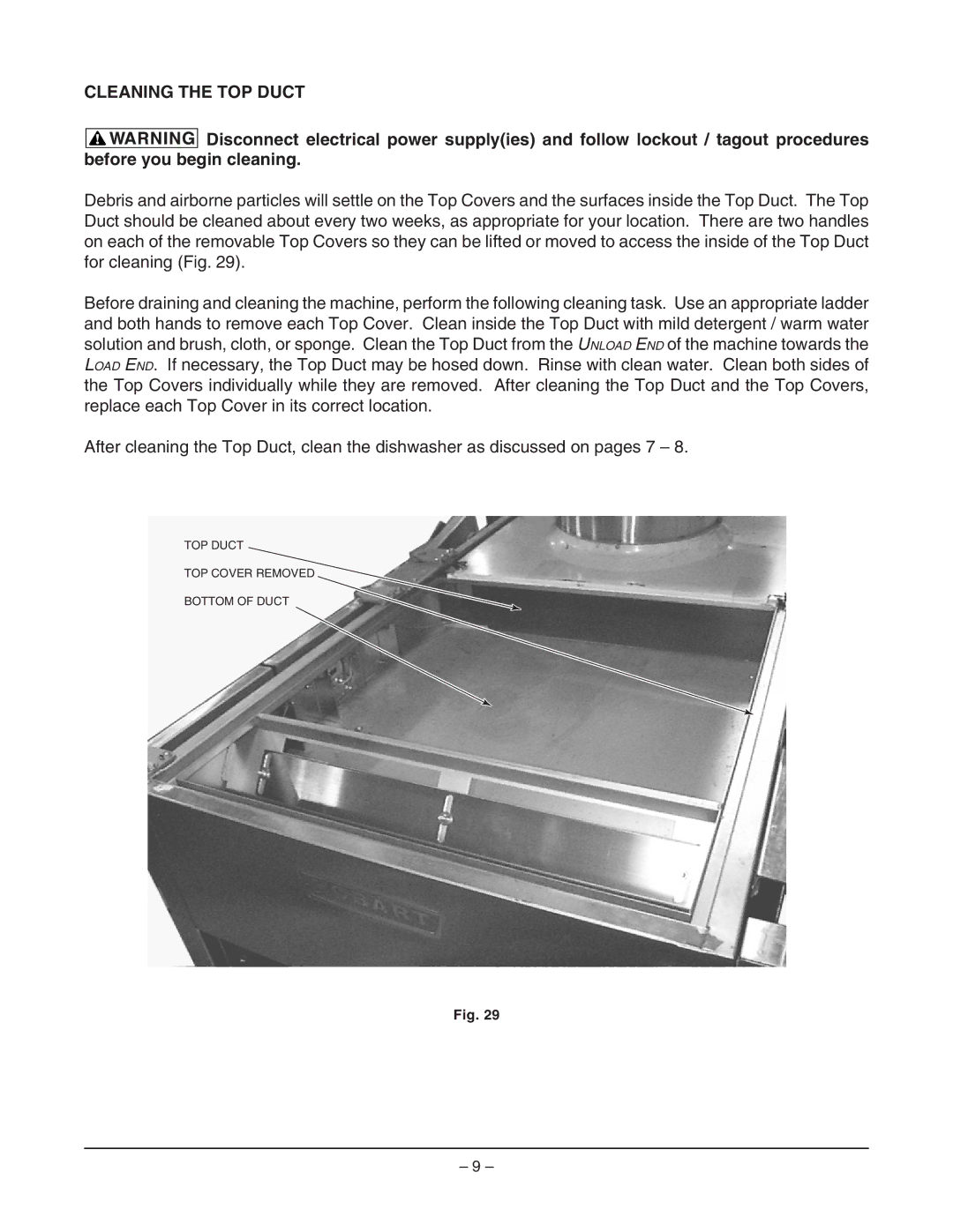 Hobart FT900SBD, FT900SDBD, FT900DBD, FT900BD manual Cleaning the TOP Duct 