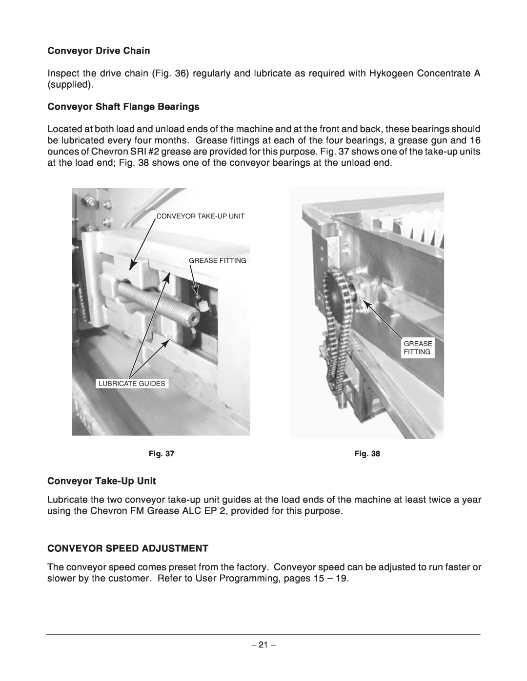 Hobart FT900S manual Conveyor Drive Chain, Conveyor Shaft Flange Bearings, Conveyor Take-UpUnit, Conveyor Speed Adjustment 