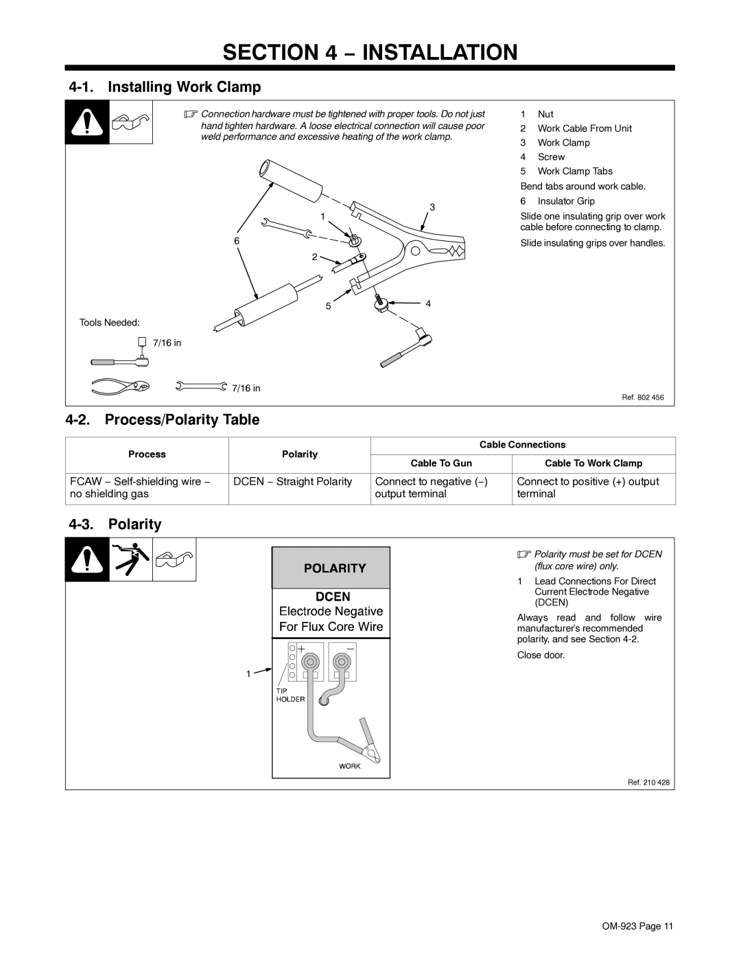 Hobart 125 EZ, H-9B manual Installation, Installing Work Clamp, Process/Polarity Table 