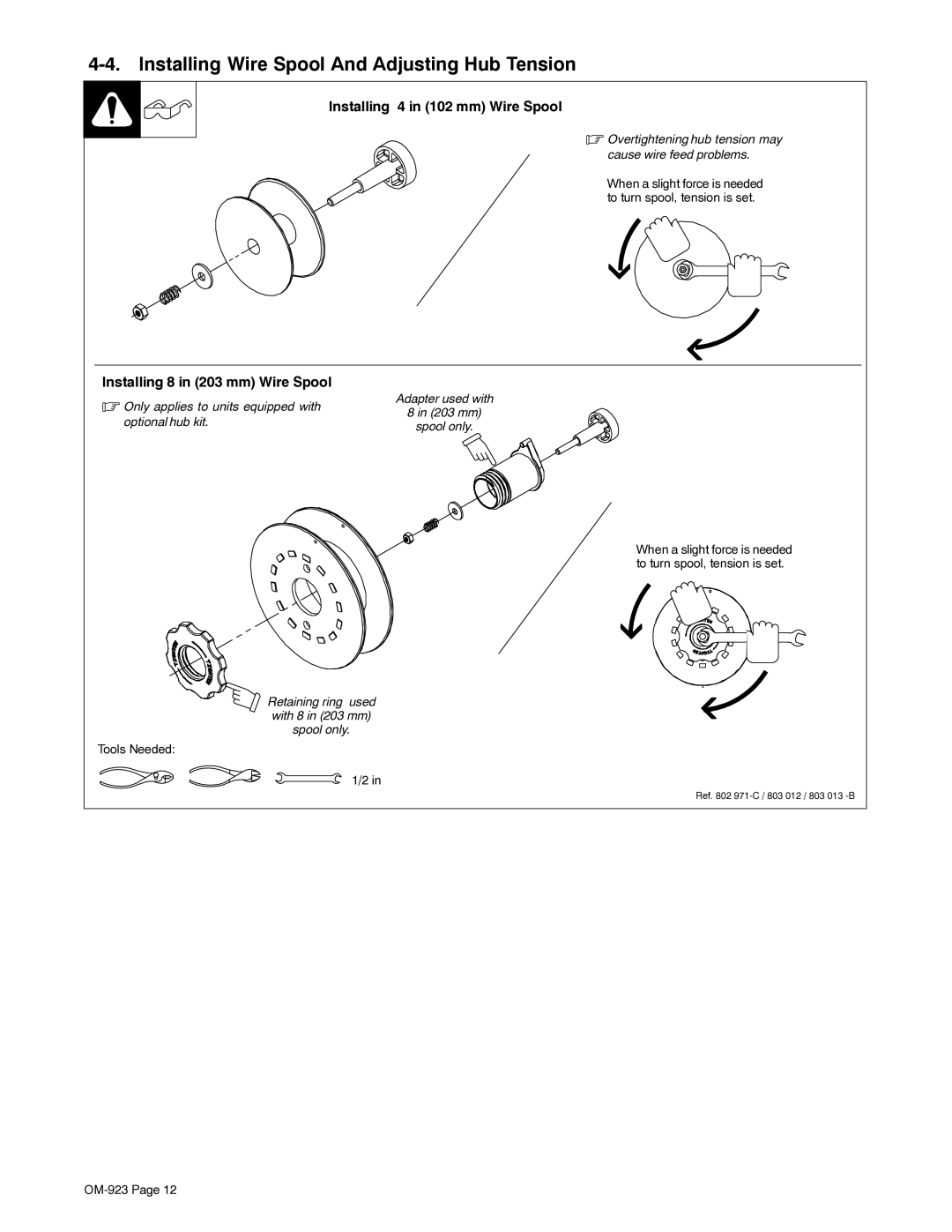 Hobart H-9B, 125 EZ manual Installing Wire Spool And Adjusting Hub Tension, Installing 4 in 102 mm Wire Spool 