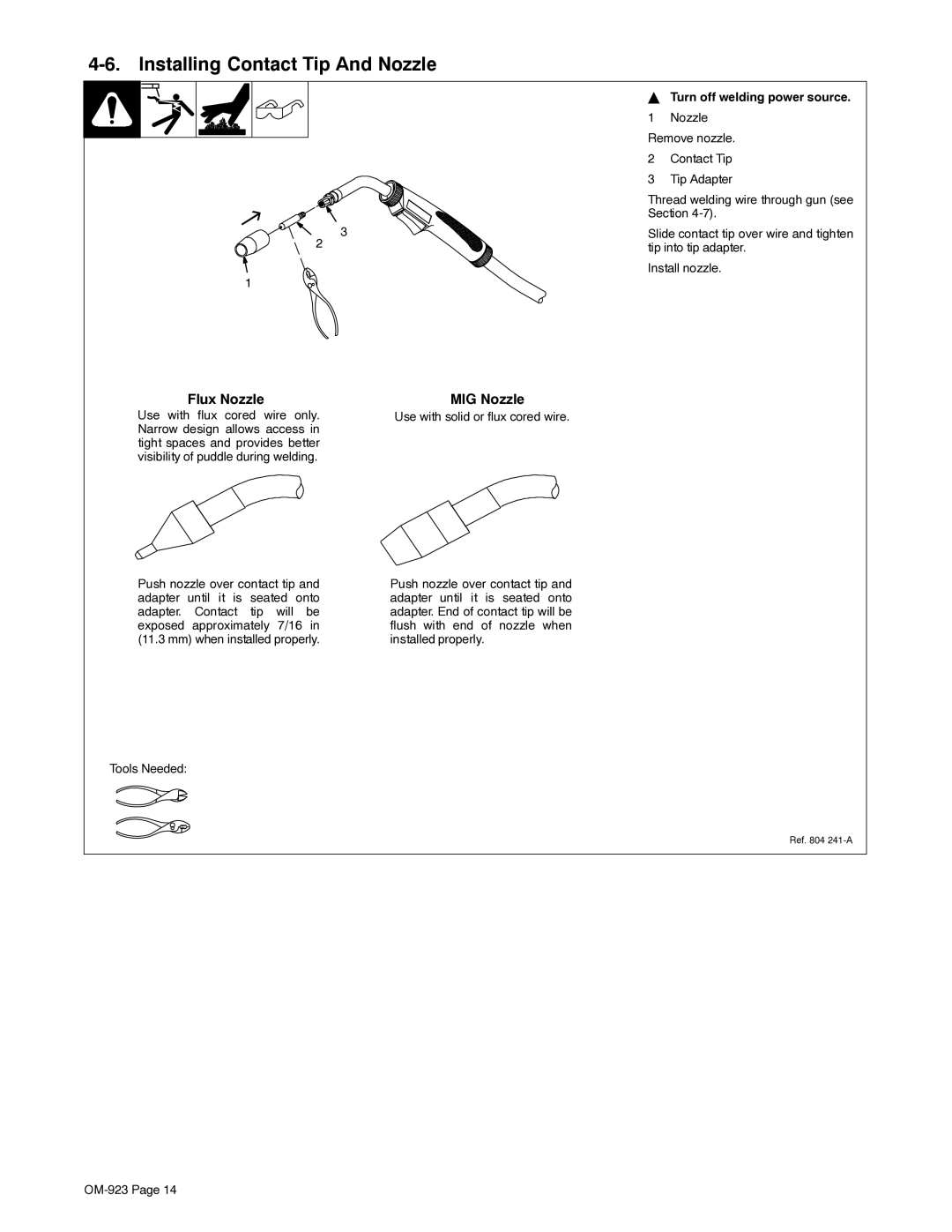 Hobart H-9B, 125 EZ manual Installing Contact Tip And Nozzle, Turn off welding power source 