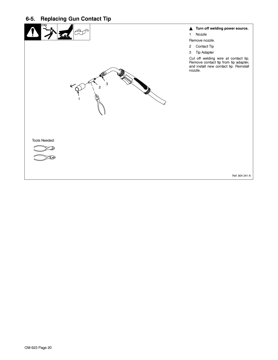 Hobart H-9B, 125 EZ manual Replacing Gun Contact Tip, Turn off welding power source 