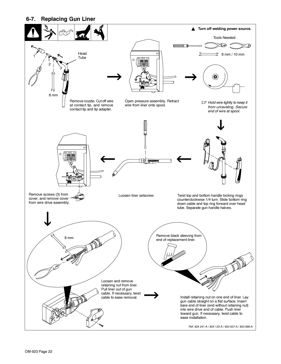 Hobart H-9B, 125 EZ manual Replacing Gun Liner, End of wire at spool 