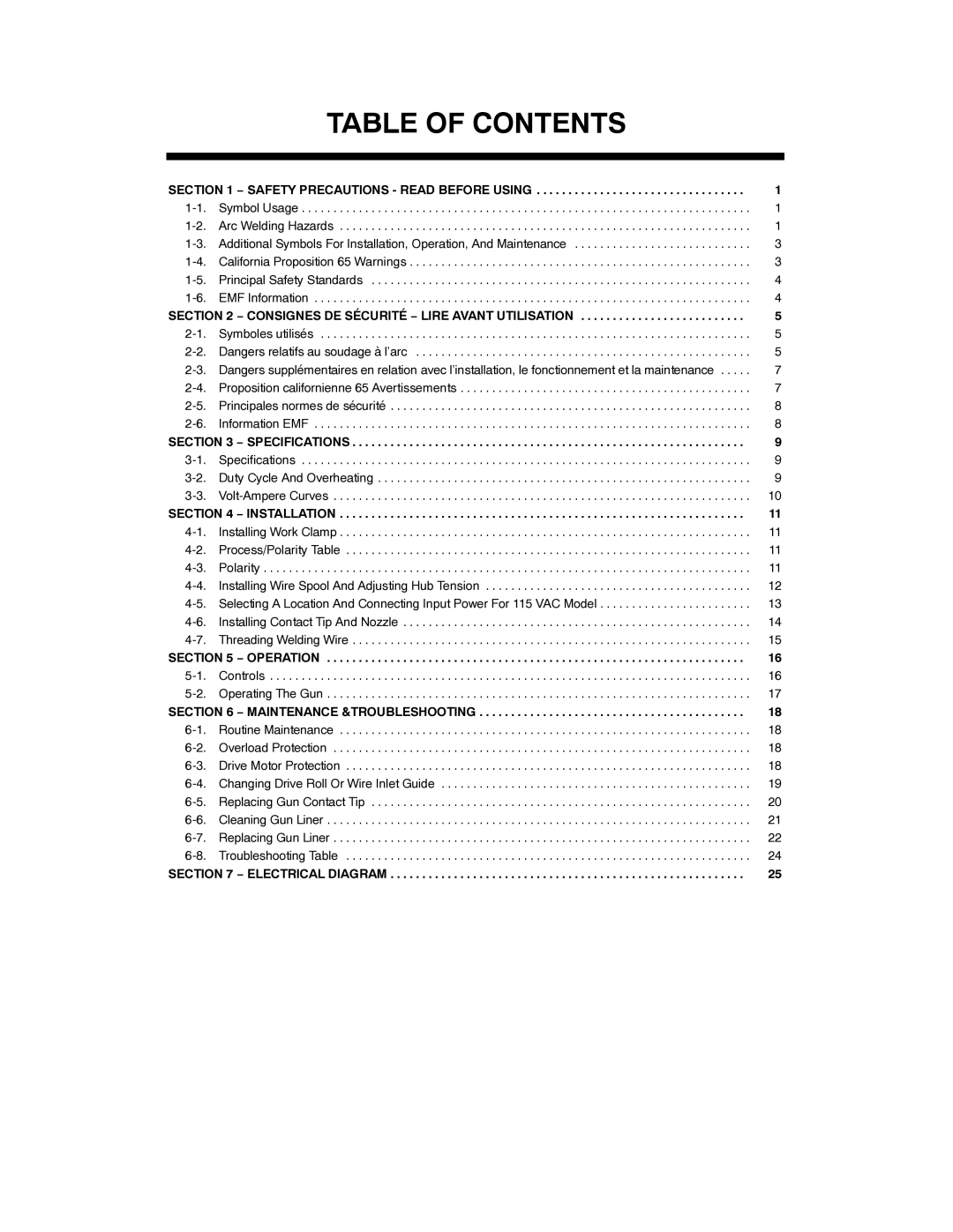 Hobart 125 EZ, H-9B manual Table of Contents 